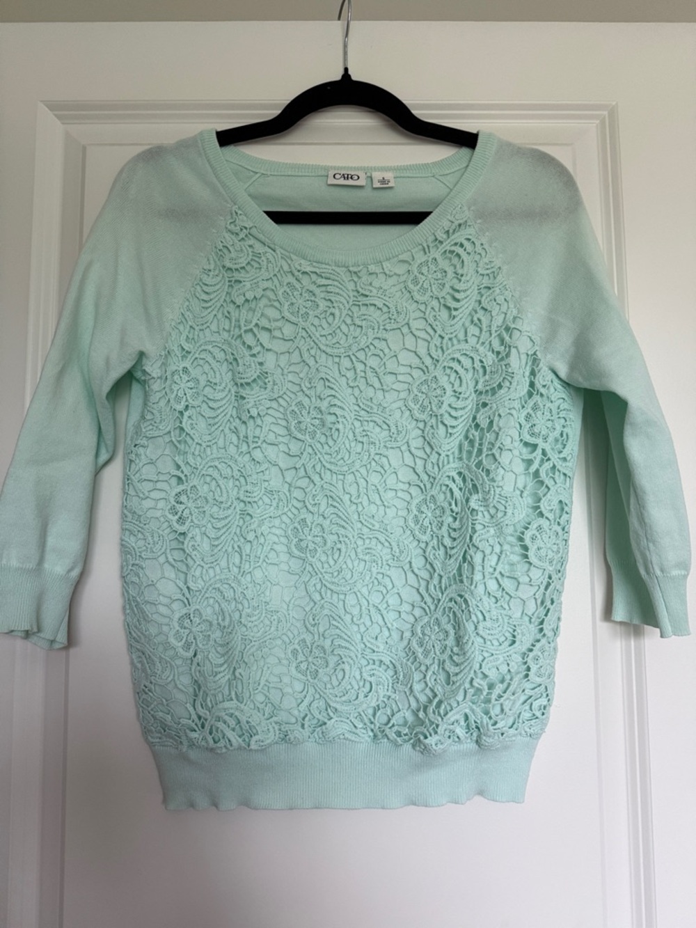 Cato Mint Crochet Lace Front Scoop Neck Sweater